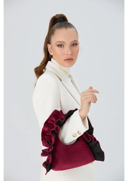 Kadın Bordo Fırfır Detaylı Kadife Kumaş El Çantası Clutch Portföy