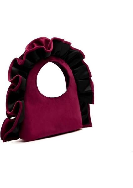 Kadın Bordo Fırfır Detaylı Kadife Kumaş El Çantası Clutch Portföy