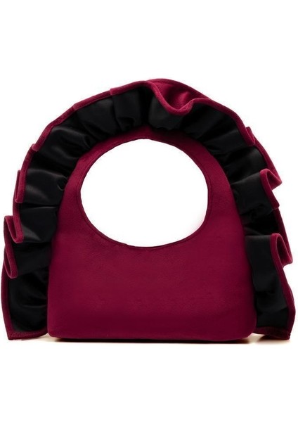 Kadın Bordo Fırfır Detaylı Kadife Kumaş El Çantası Clutch Portföy