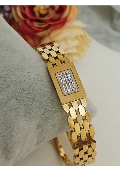 Paslanmaz Çelik Gold Renk Zirkon Taşlı Kelepçe Bilezik
