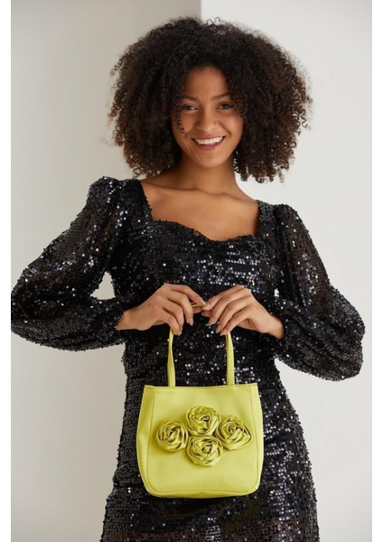 Kadın Yeşil Gül Tasarımlı Sate Kumaş El Çantası Clutch Portföy