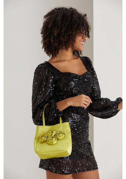 Kadın Yeşil Gül Tasarımlı Sate Kumaş El Çantası Clutch Portföy