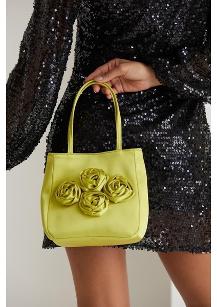 Kadın Yeşil Gül Tasarımlı Sate Kumaş El Çantası Clutch Portföy