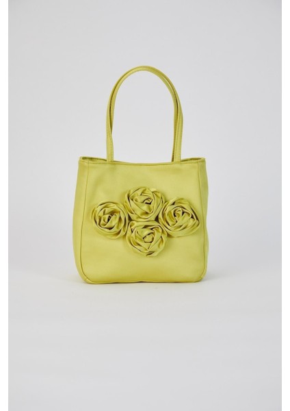 Kadın Yeşil Gül Tasarımlı Sate Kumaş El Çantası Clutch Portföy