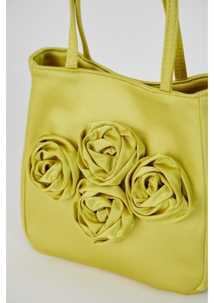 Kadın Yeşil Gül Tasarımlı Sate Kumaş El Çantası Clutch Portföy