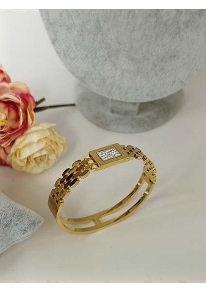 Paslanmaz Çelik Gold Renk Zirkon Taşlı Kelepçe Bilezik