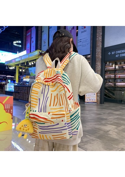 Okul Çantası Kadın Lise Üniversite Öğrencisi Ortaokul Öğrencisi Kampüs Sırt Çantası Çok Yönlü Kontrast Renk Gökkuşağı Şerit Sırt Çantası (Yurt Dışından)
