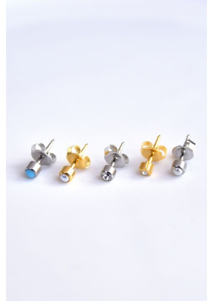 Çelik Gold-Rodyum Kaplama Cerrahi Tektaş Çivili 5'li Kombin Küpe Model7 modelleri