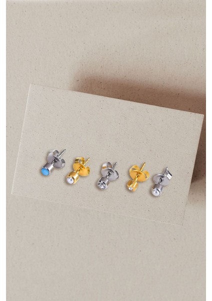 Çelik Gold-Rodyum Kaplama Cerrahi Tektaş Çivili 5'li Kombin Küpe Model7 fırsatları