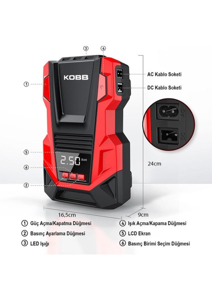 Kobb KB220 12VOLT/220VOLT 150 Psı Dijital Basınç Göstergeli Lastik Şişirme Pompası