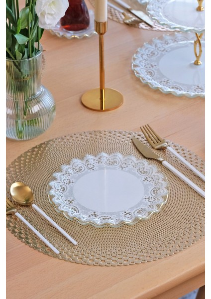 Marche Altın Yaldızlı 6 Kişilik Cam Pasta Tabağı Takımı