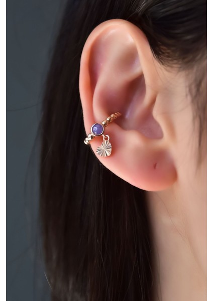 925 Ayar Gümüş Rose Kaplama Ay Taşlı Kalp Figürlü Kıkırdak Küpe