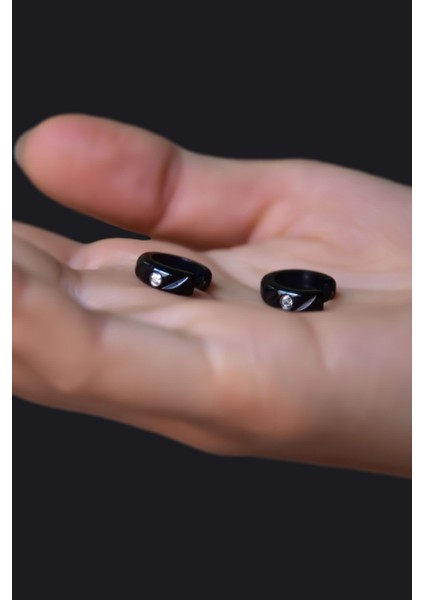 Çelik Siyah Taşlı Halka Küpe