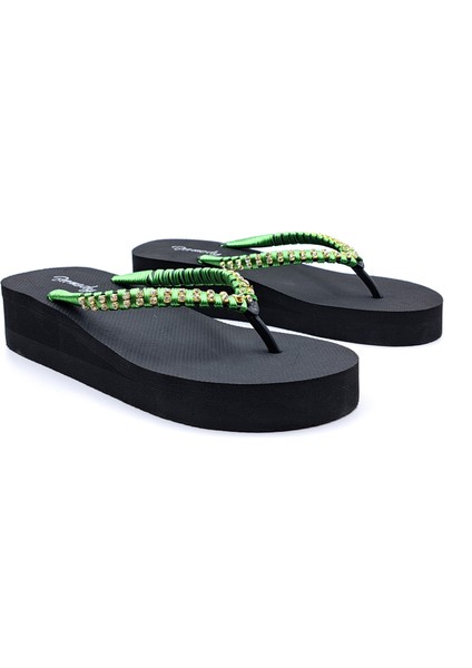 B1039 Dolgu Taban Taşlı Kadın Plaj Günlük Yeşil Parmak Arası Terlik