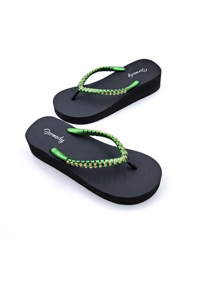 B1039 Dolgu Taban Taşlı Kadın Plaj Günlük Yeşil Parmak Arası Terlik fırsatları