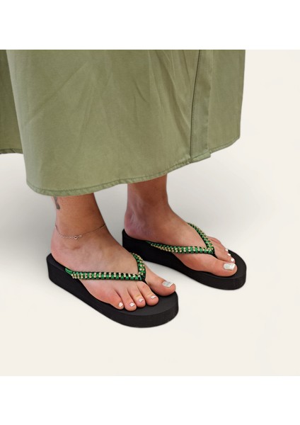 B1039 Dolgu Taban Taşlı Kadın Plaj Günlük Yeşil Parmak Arası Terlik indirimleri