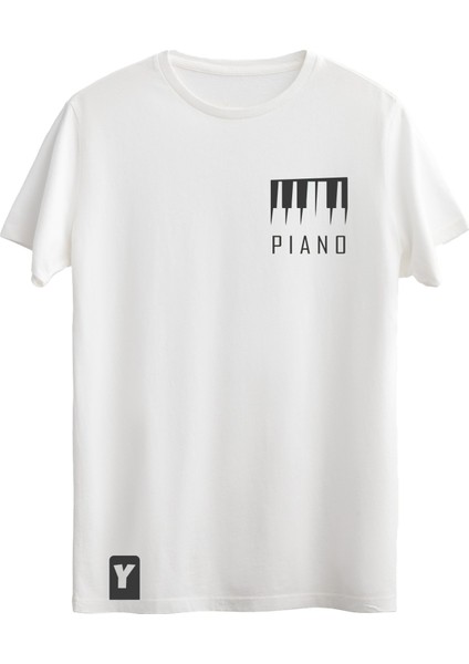 Piyano Baskılı Slim Fit Tişört Bisiklet Yaka T-Shirt