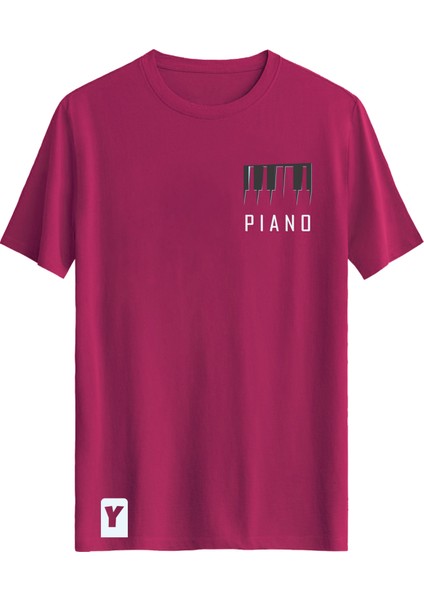 Piyano Baskılı Slim Fit Tişört Bisiklet Yaka T-Shirt