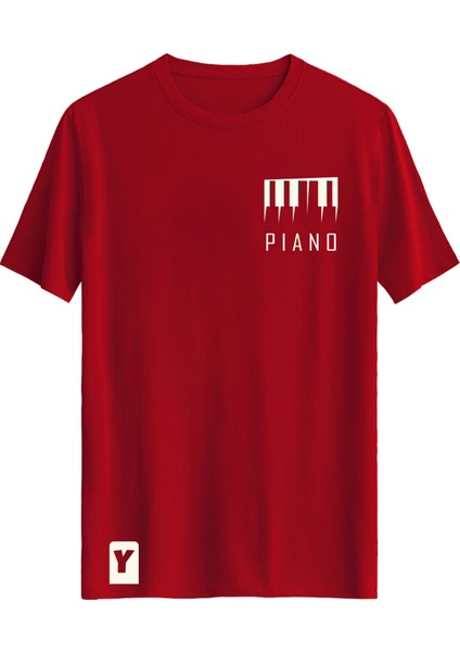 Piyano Baskılı Slim Fit Tişört Bisiklet Yaka T-Shirt