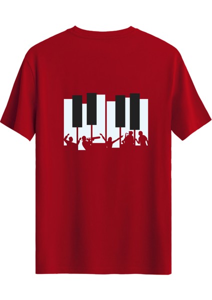 Piyano Baskılı Slim Fit Tişört Bisiklet Yaka T-Shirt