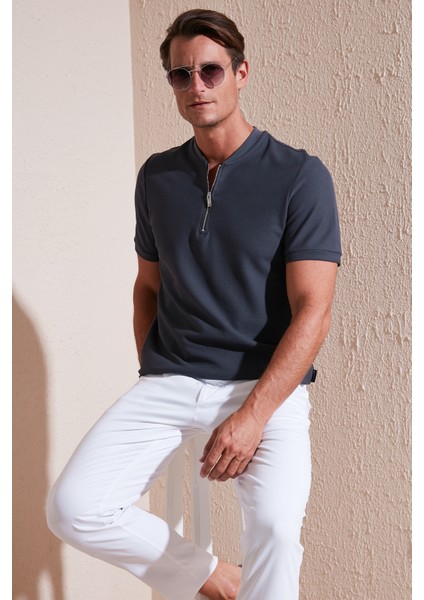 Pamuklu Regular Fit Yarım Fermuarlı T Shirt Erkek T Shirt 5902653