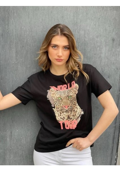 Burce Butik Siyah Leopar Motifli Bisiklet Yaka Kısa Kollu Tshirt