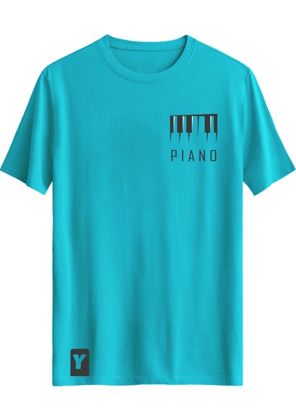 Piyano Baskılı Slim Fit Tişört Bisiklet Yaka T-Shirt Açık Mavi
