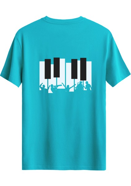 Piyano Baskılı Slim Fit Tişört Bisiklet Yaka T-Shirt Açık Mavi
