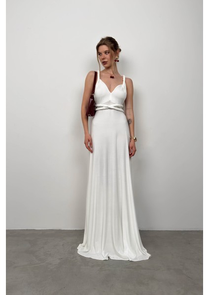 Bağlama Detay Ekru Maxi Elbise