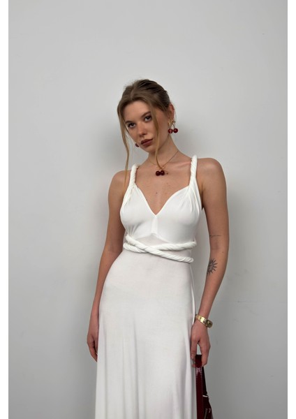 Bağlama Detay Ekru Maxi Elbise fiyatları