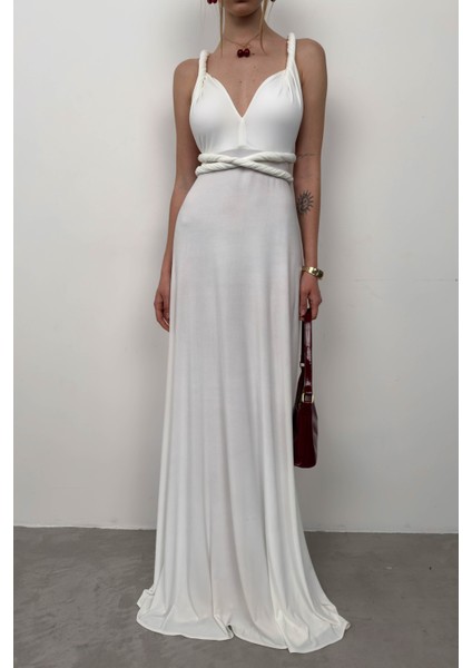 Bağlama Detay Ekru Maxi Elbise modelleri