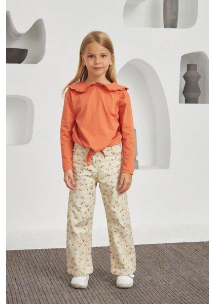 Turuncu Gardrop Çiçek Desenli Kız Çocuk Kot Pantolon Ispanyol