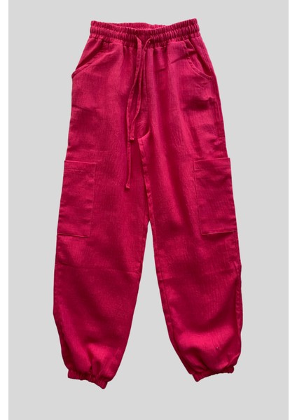 Turuncu Gardrop 8-14 Yaş Cep Detay Keten Kız Çocuk Pantolon Fuşya