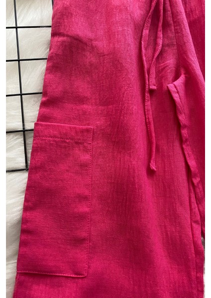 Turuncu Gardrop 8-14 Yaş Cep Detay Keten Kız Çocuk Pantolon Fuşya modelleri