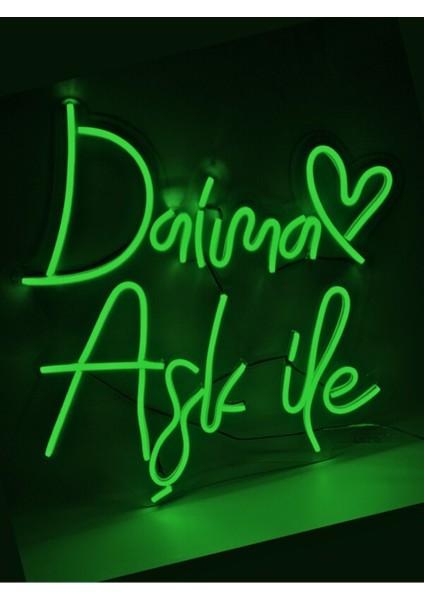 Daima Aşk Ile Yazılı Dekoratif Neon LED Tablo - Yeşil - 40X40CM- Tamamen El Işçiliği - Dilaneon -