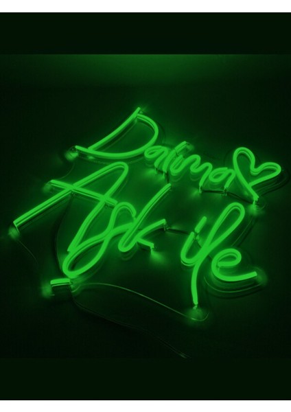 Daima Aşk Ile Yazılı Dekoratif Neon LED Tablo - Yeşil - 40X40CM- Tamamen El Işçiliği - Dilaneon -