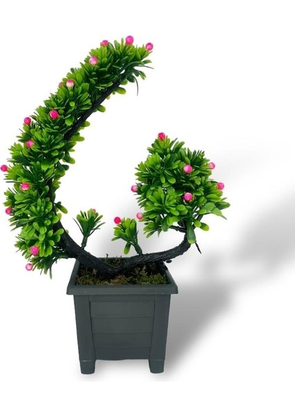 Yapay Çiçek Bonsai Ağacı Pembe Eğik Model Dekoratif Yapay Ağaç Bonzai 30*22 Cm Siyah Kare Saksıda