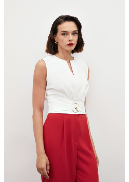 Toka Detaylı Kolsuz Bluz - Ekru fiyatları