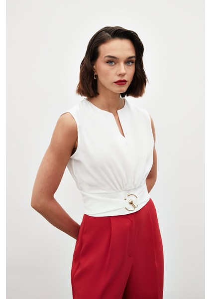 Toka Detaylı Kolsuz Bluz - Ekru indirimleri