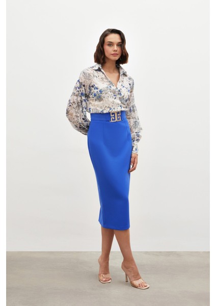 Aksesuar Detaylı Kalem Etek - Mavi