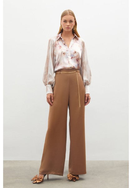 Zincirli Saten Krep Pantolon - Camel