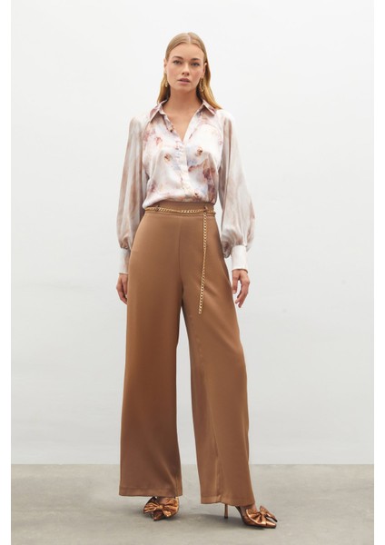 Zincirli Saten Krep Pantolon - Camel