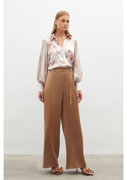 Zincirli Saten Krep Pantolon - Camel