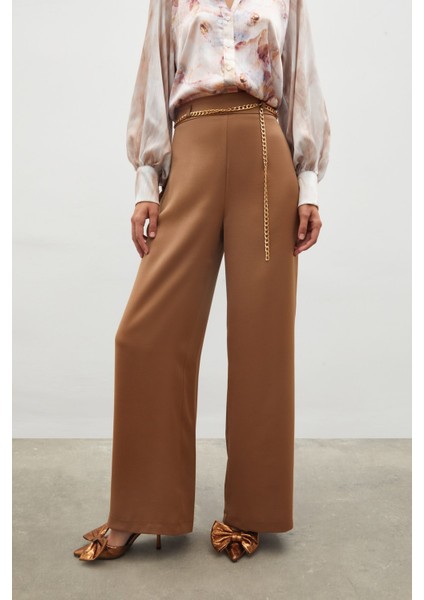 Zincirli Saten Krep Pantolon - Camel
