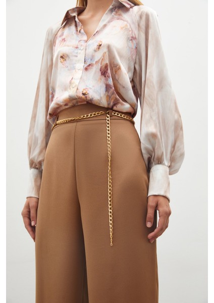 Zincirli Saten Krep Pantolon - Camel
