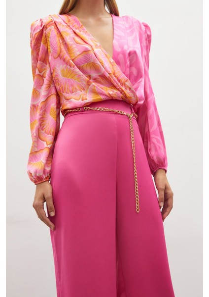Zincirli Saten Krep Pantolon - Fusya