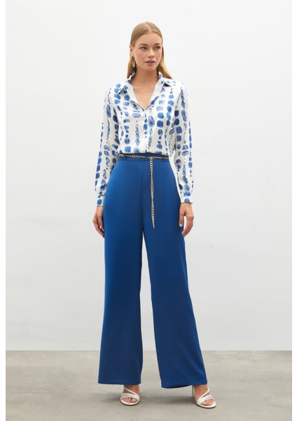 Zincirli Saten Krep Pantolon - Indigo
