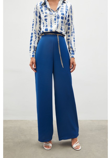 Zincirli Saten Krep Pantolon - Indigo indirimleri