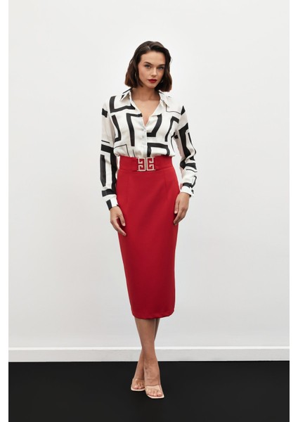 Aksesuar Detaylı Kalem Etek - Kırmızı