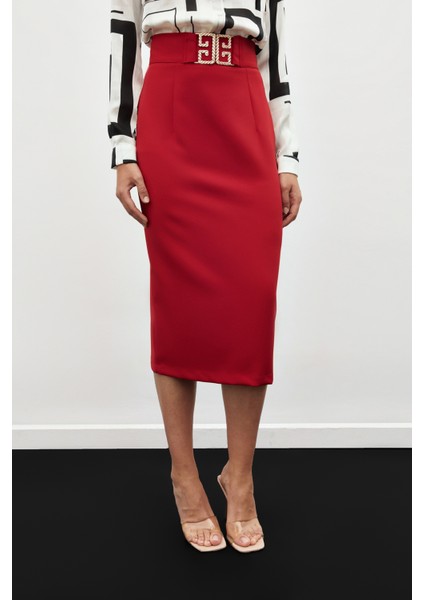 Aksesuar Detaylı Kalem Etek - Kırmızı indirimleri